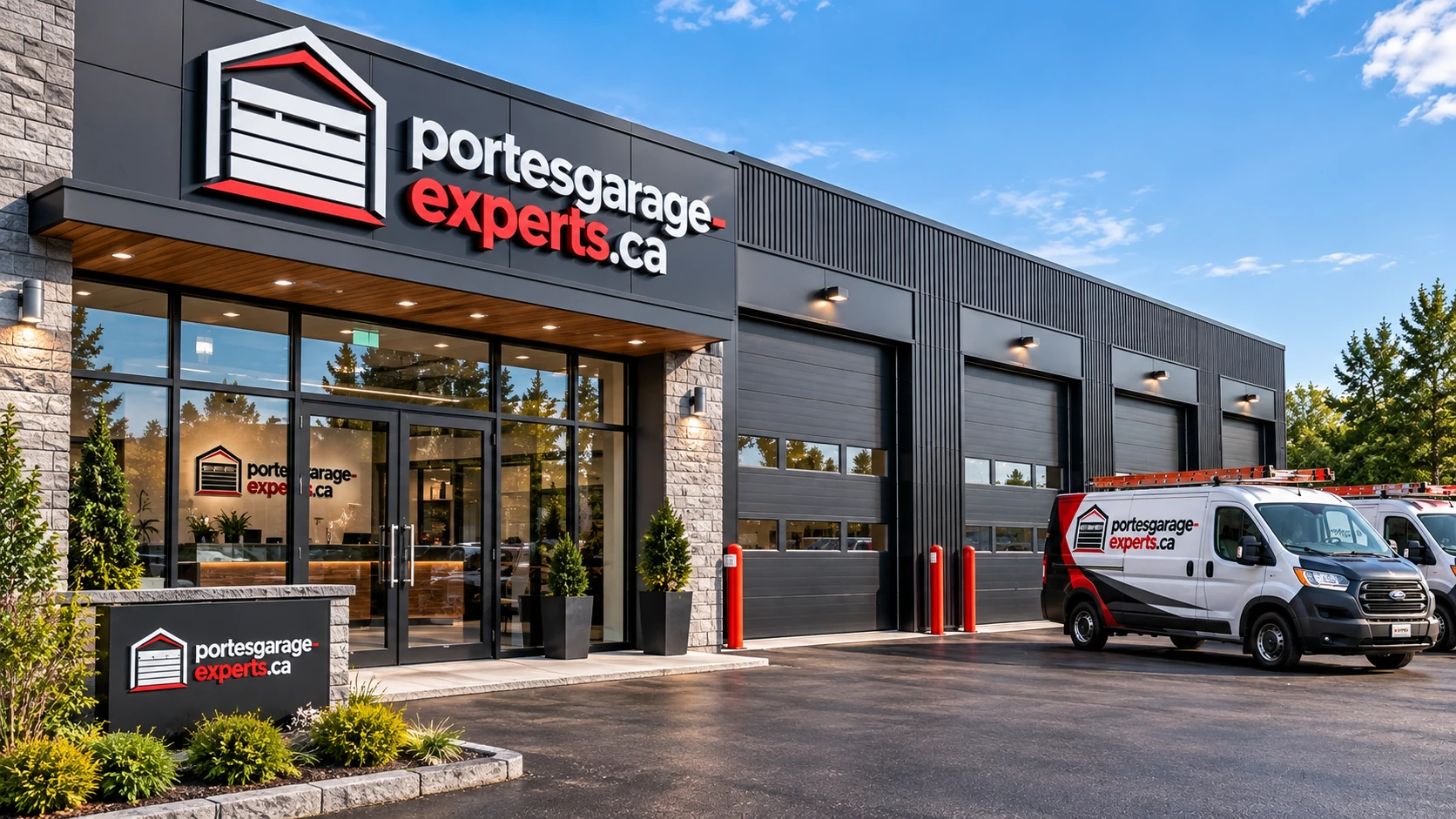 Façade et véhicules de service d'un spécialiste de portes de garage