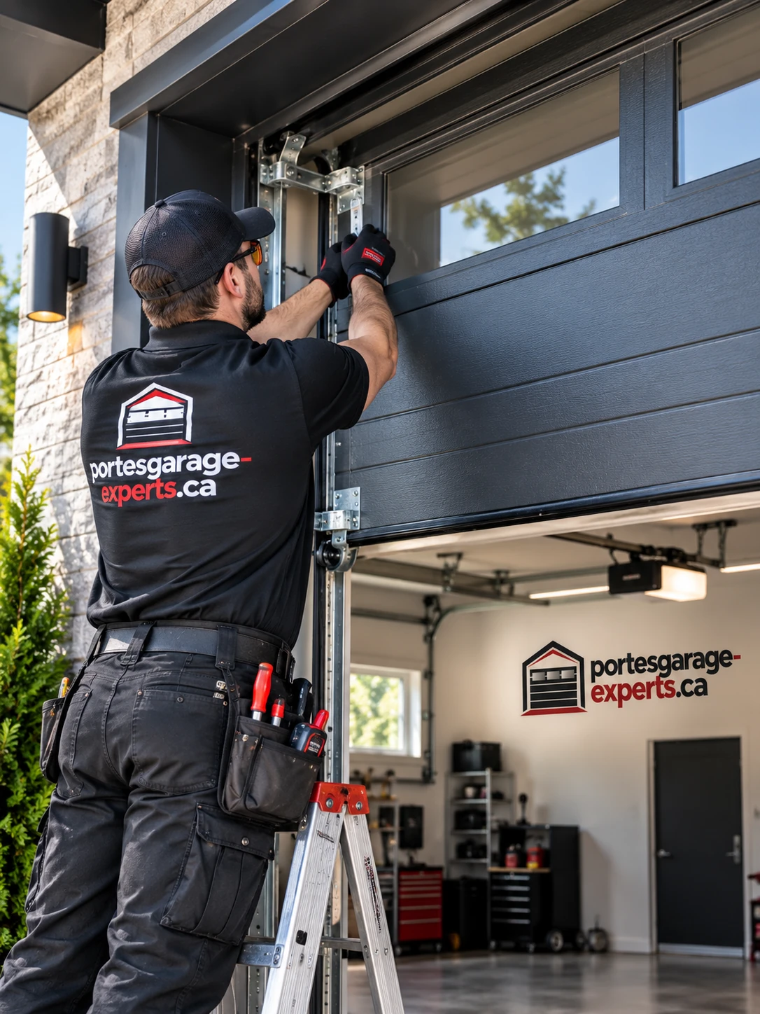 Technicien installant une porte de garage sectionnelle sur une résidence