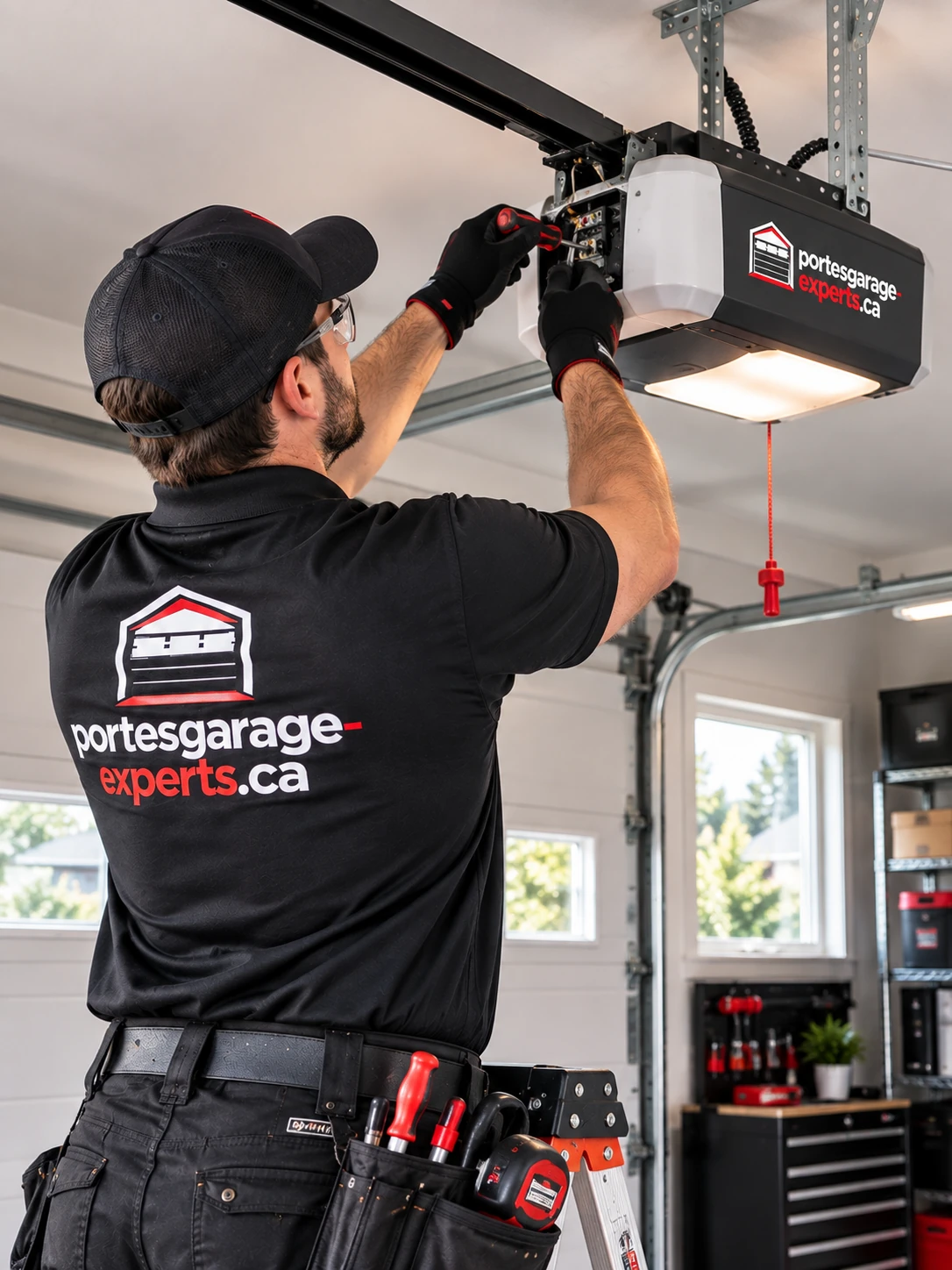 Technicien réglant un ouvre-porte de garage fixé au plafond