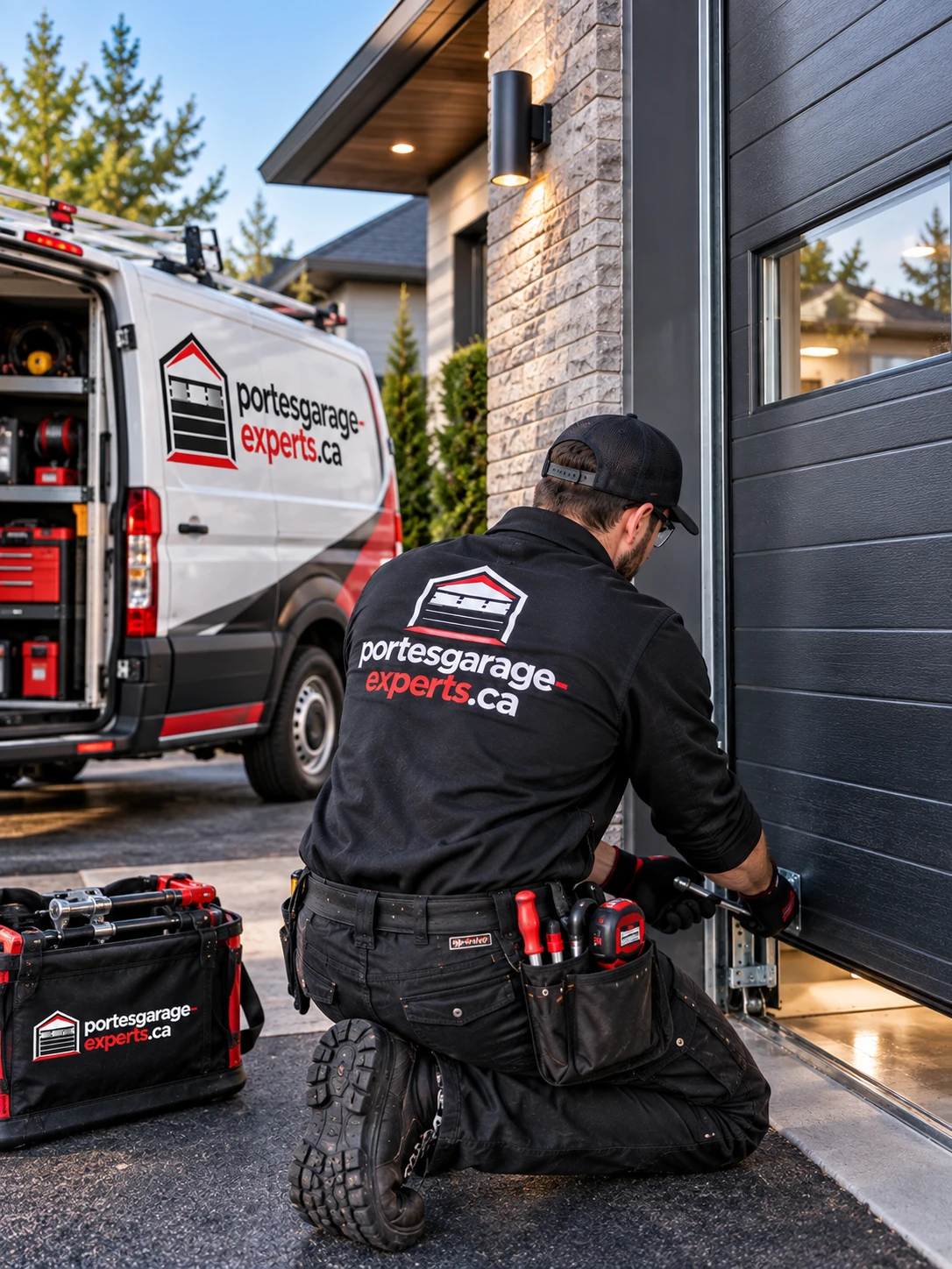 Technicien en intervention sur le bas d'une porte de garage résidentielle